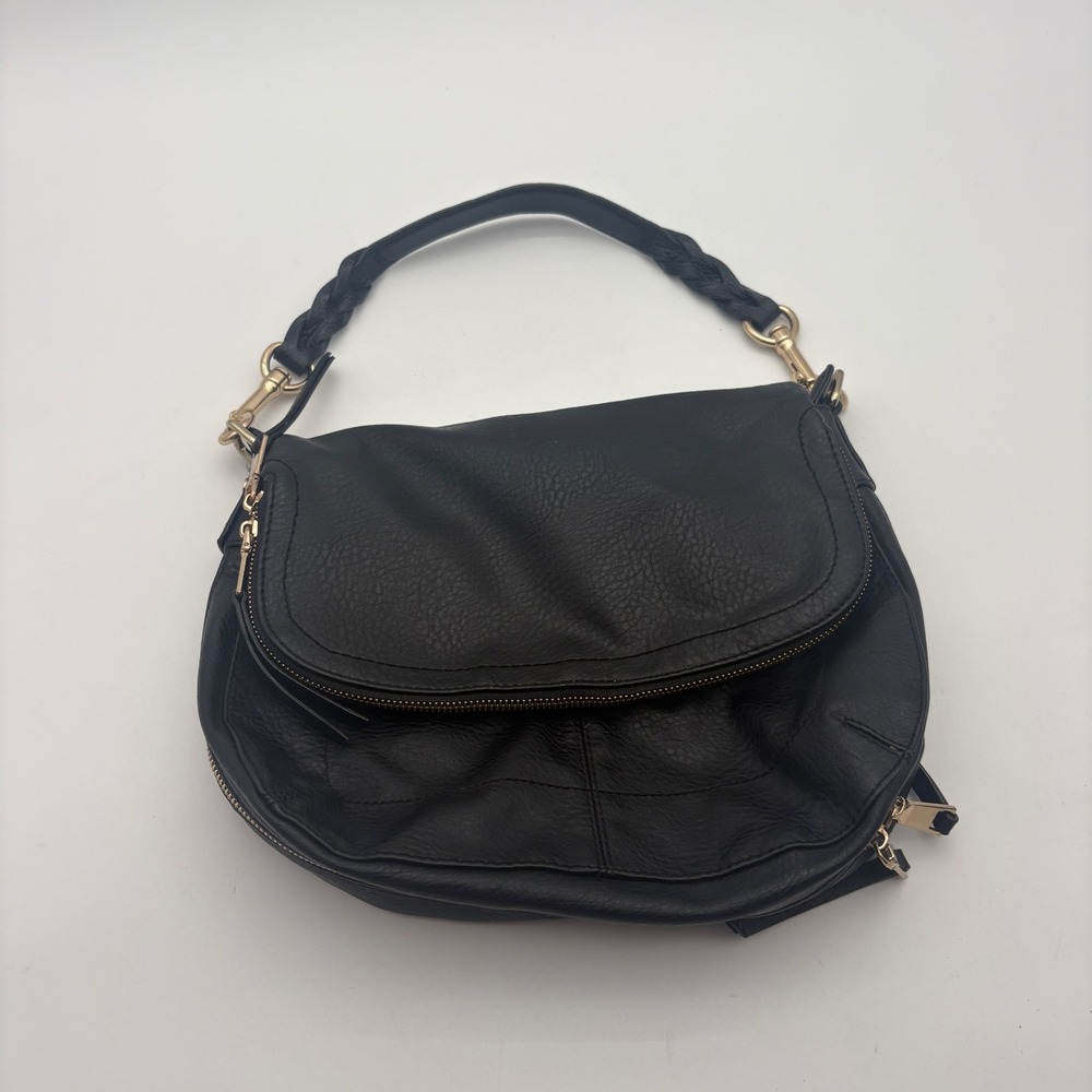 Urban Expressions Black Vegan Leather Braided Handle Crossbody Flap Bag Gold Zip